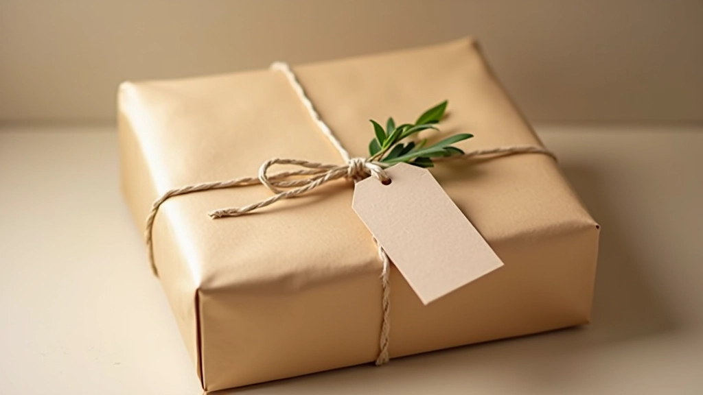 Finished wrapped hamper with decorative ribbon bow, gift tag, and natural greenery accent placed on a neutral surface with soft shadows