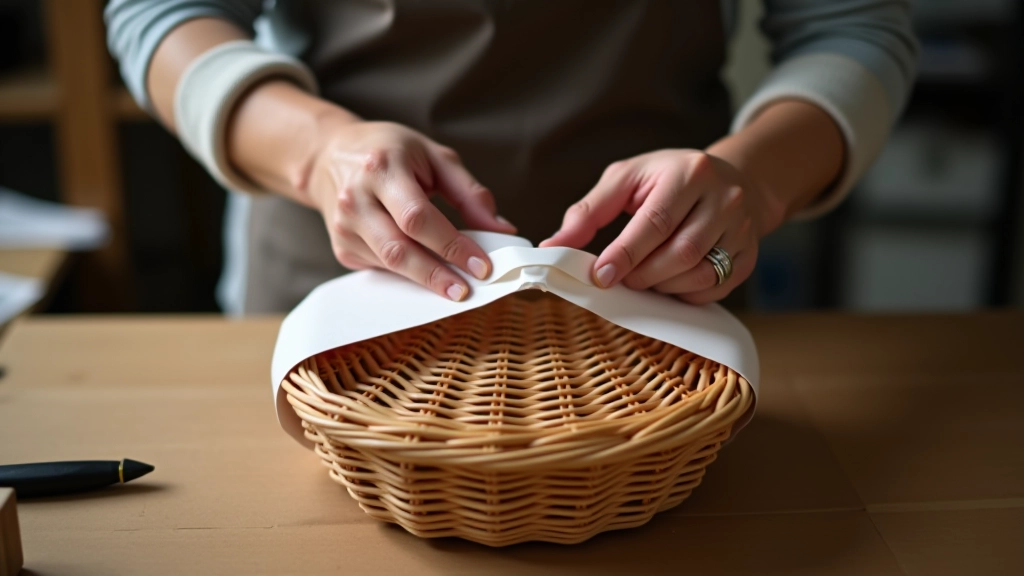 Step-by-step hands demonstrating the process of wrapping a hamper basket, showing paper placement and securing techniques