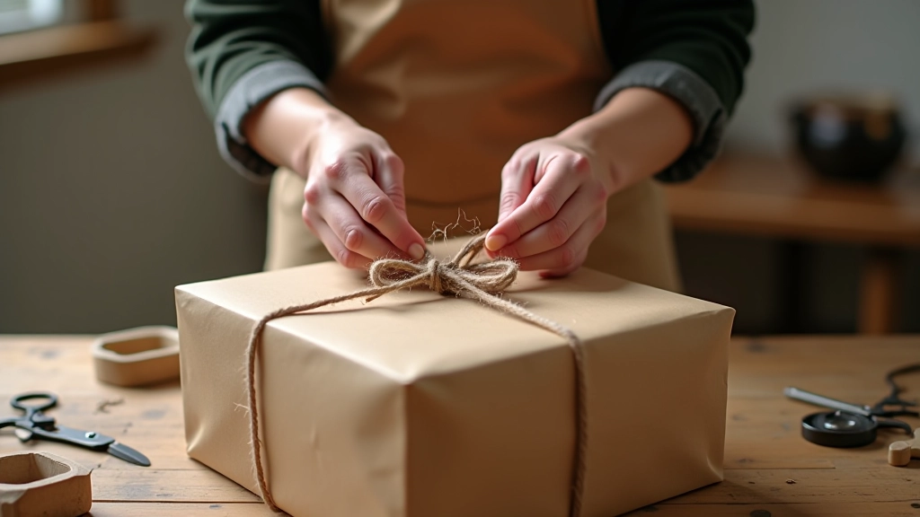 Person wrapping a gift hamper with brown kraft paper and natural twine in a home setting