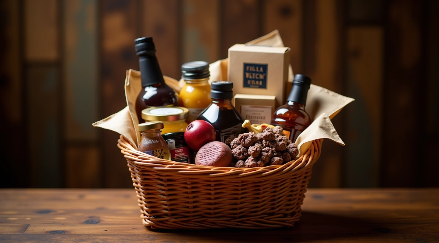 Wooden hamper basket filled with artisan food products and wrapped in brown paper with twine bow