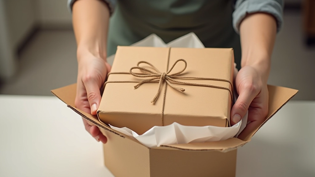 Wrapped hamper being carefully placed in a storage box with tissue paper padding, showing proper handling for delivery
