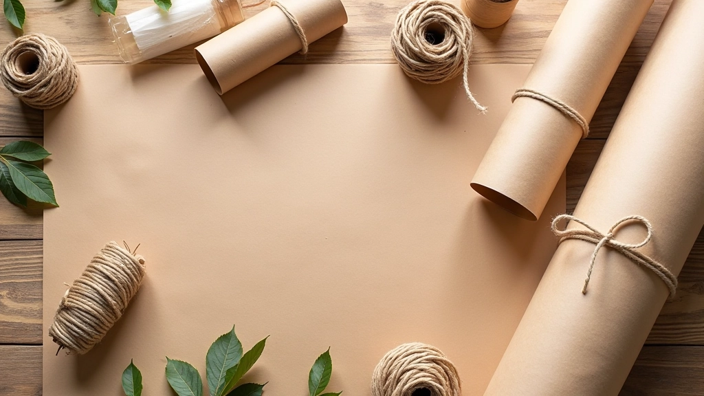 Array of wrapping materials including kraft paper rolls, coloured tissue paper, natural twine, and decorative ribbons arranged on a wooden surface